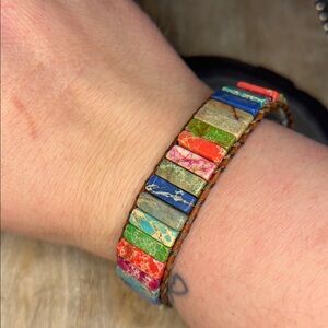Colourful Stone Panel Beaded Style Leather Wrapped Bracelet